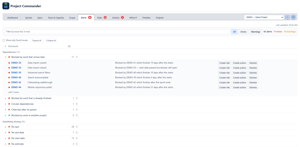 Alerts tab: forty checks on the project's issues in eight groups, every check always listed. A check that found nothing shows a green zero; each finding offers Create risk, Create action and Dismiss.