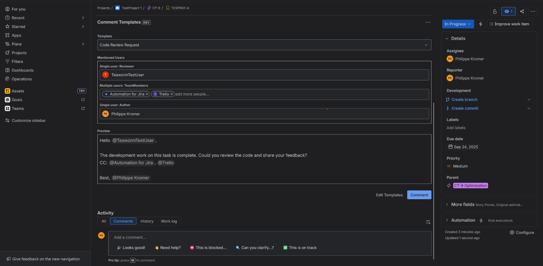 Using a template directly on an issue screen