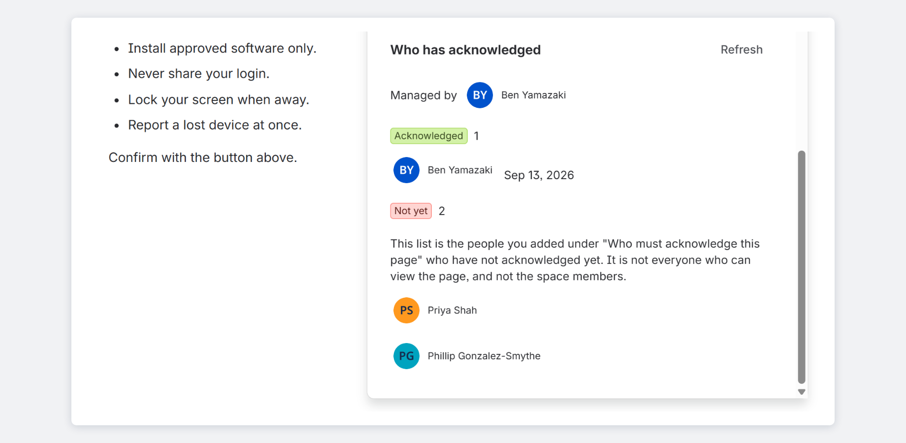See who has read the page and who hasn't, with dates — ready for your audit.