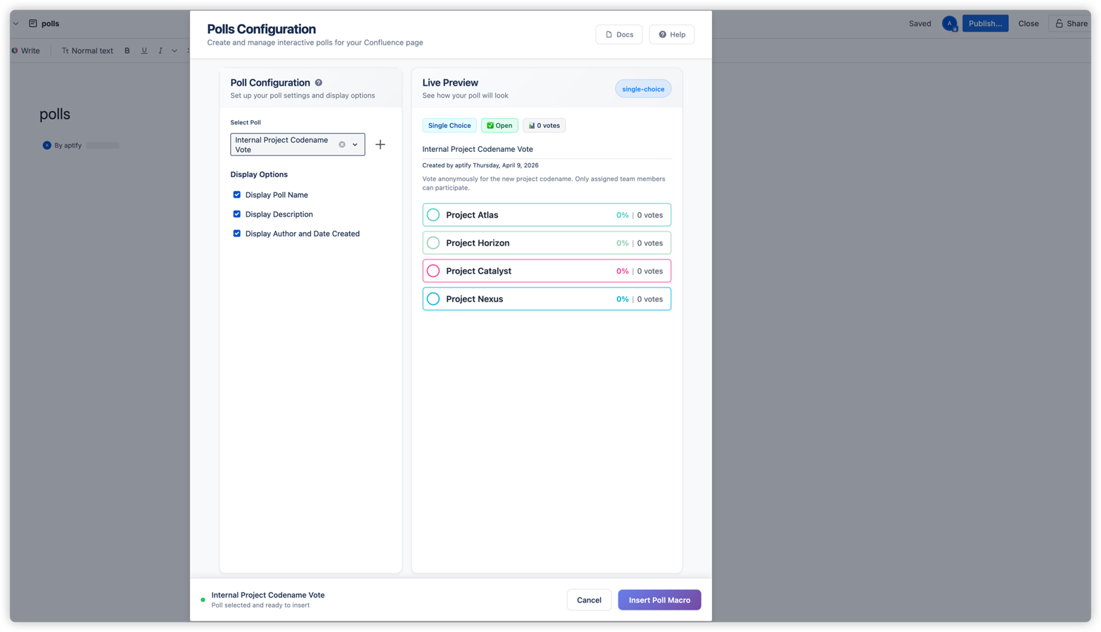 The Polls Configuration panel with live preview — select a poll, adjust display options, and see real-time results before embedding it into your Confluence page