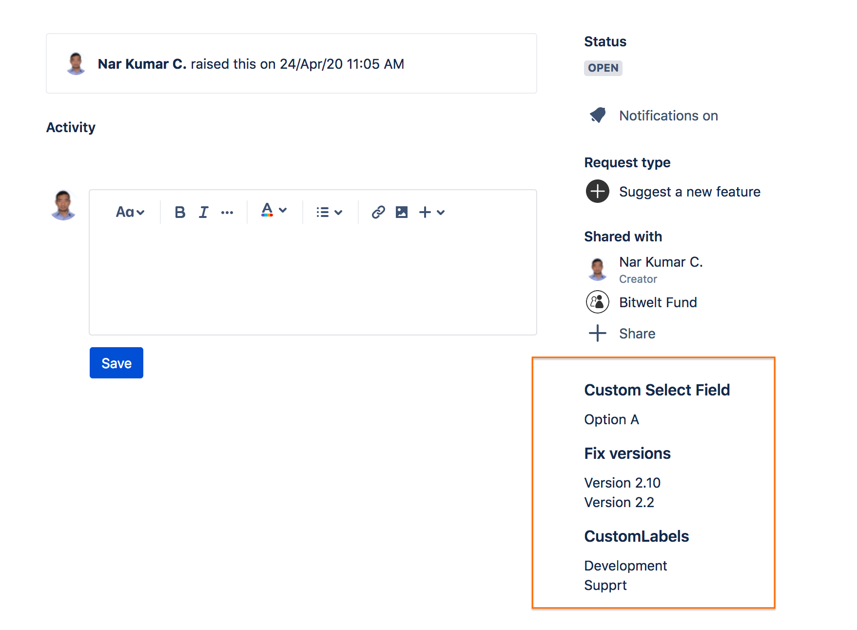 Custom fields in Jira Service Desk portal