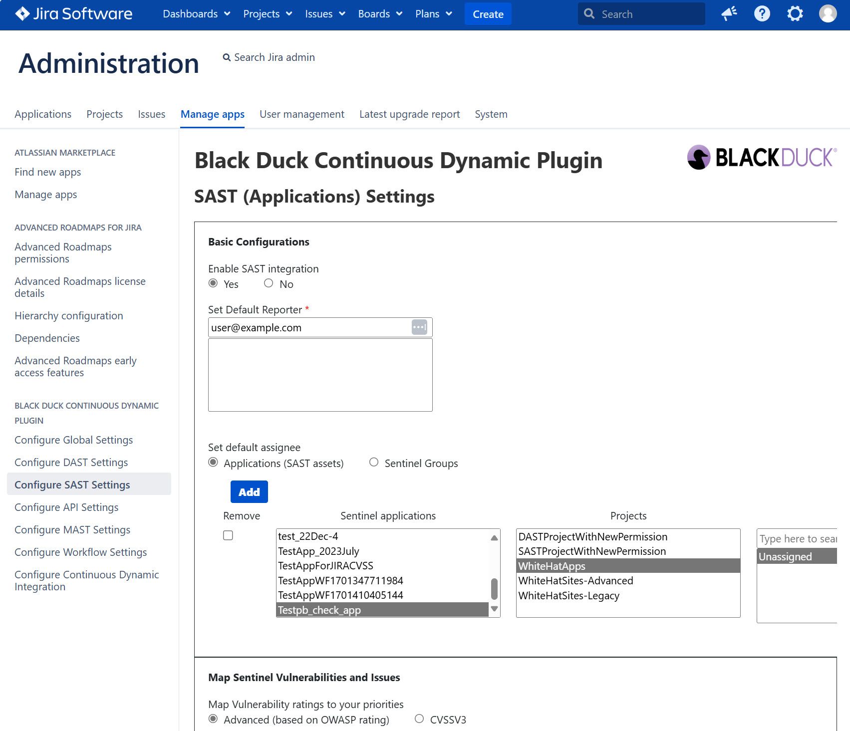 This shows a snap shot of the customizations available in this administration area which focuses on the vulnerability metadata from Continuous Dynamic as they relate to the Jira® environment.