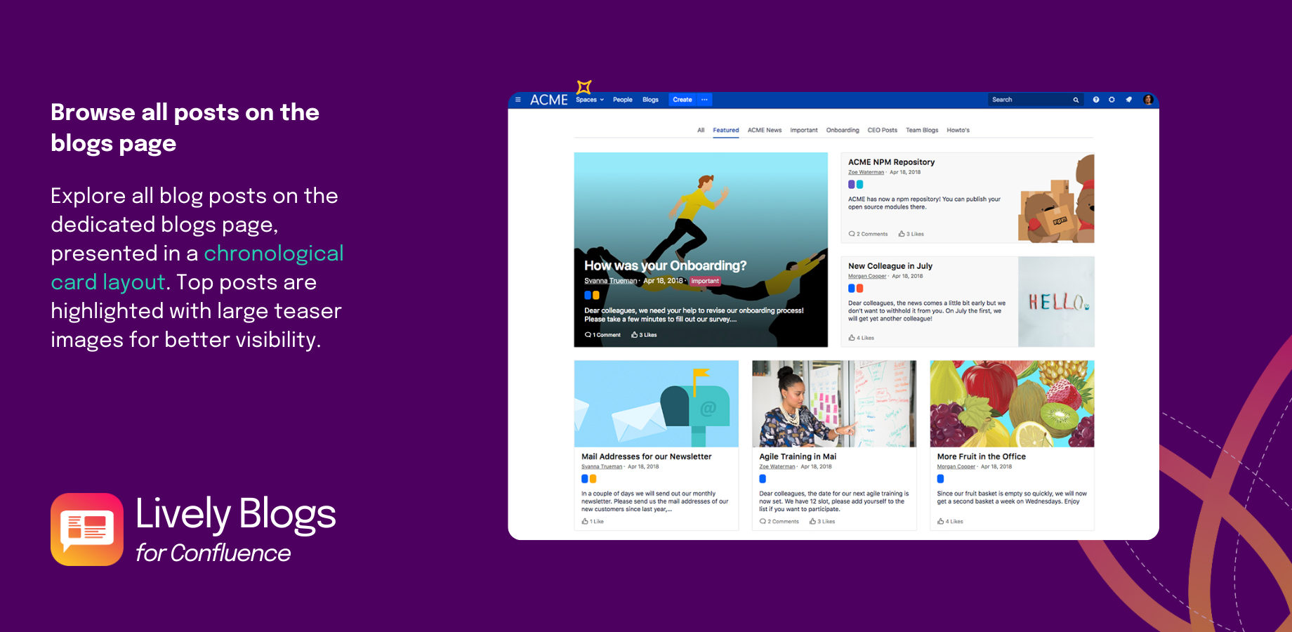 Lively Blogs grid layout on Confluence shows featured blog posts with images and teaser texts, making it easy for users to access and interact with key content directly from the homepage.