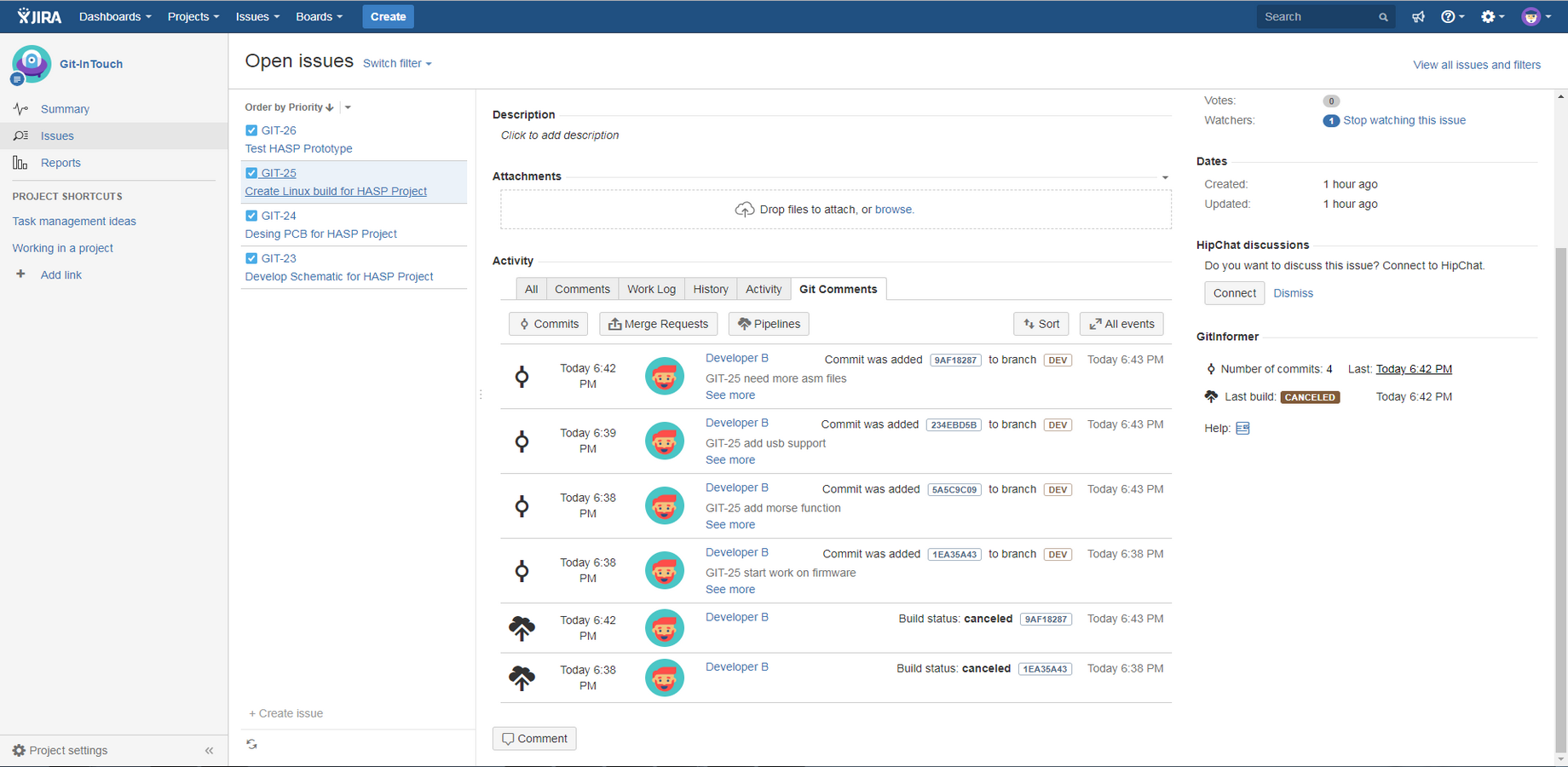 View all commits, merge requests and build progress related to this task.