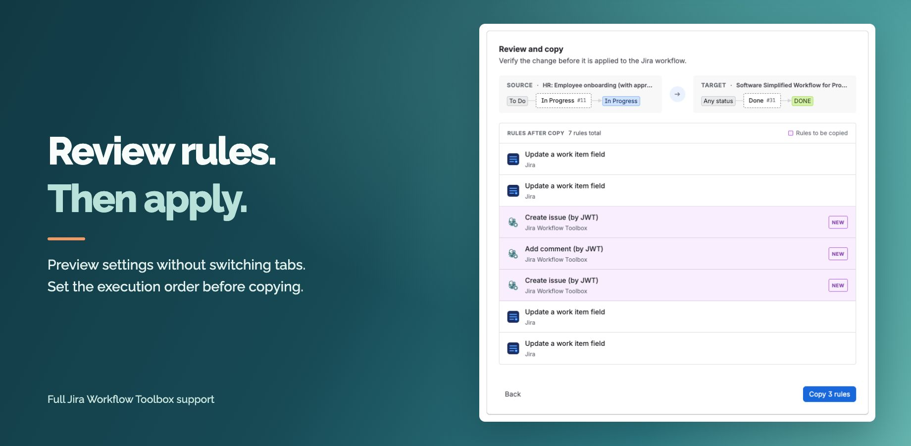 Review source and destination transitions, check the final rule order, and see which rules will be added before confirming the copy.