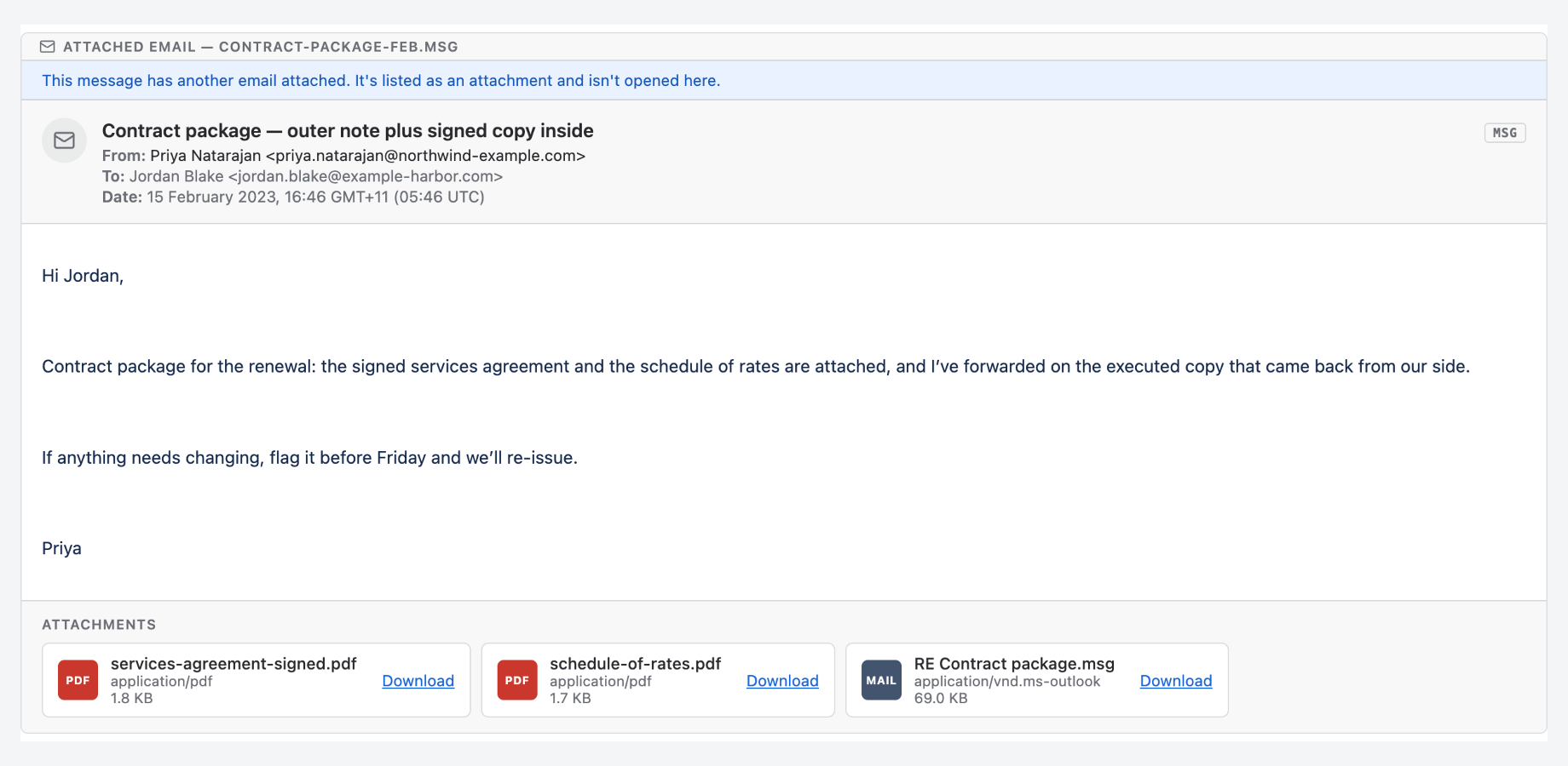 A message whose body came from RTF, with a nested message among its attachments: the source-format badge names the original file type, and the nested message is listed for download rather than opened.