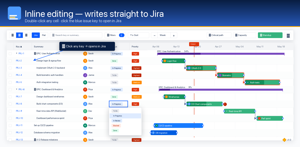 Edit status, assignee and dates inline — every change persists straight to Jira.
