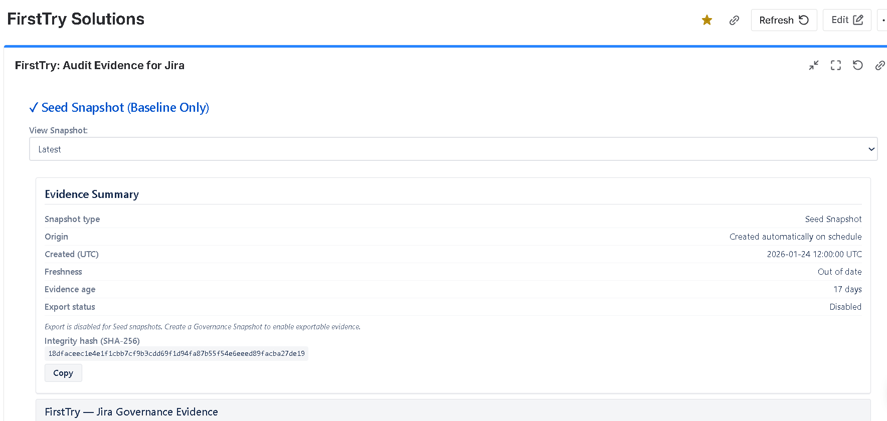 Example of a governance evidence snapshot with timestamp and SHA-256 integrity hash