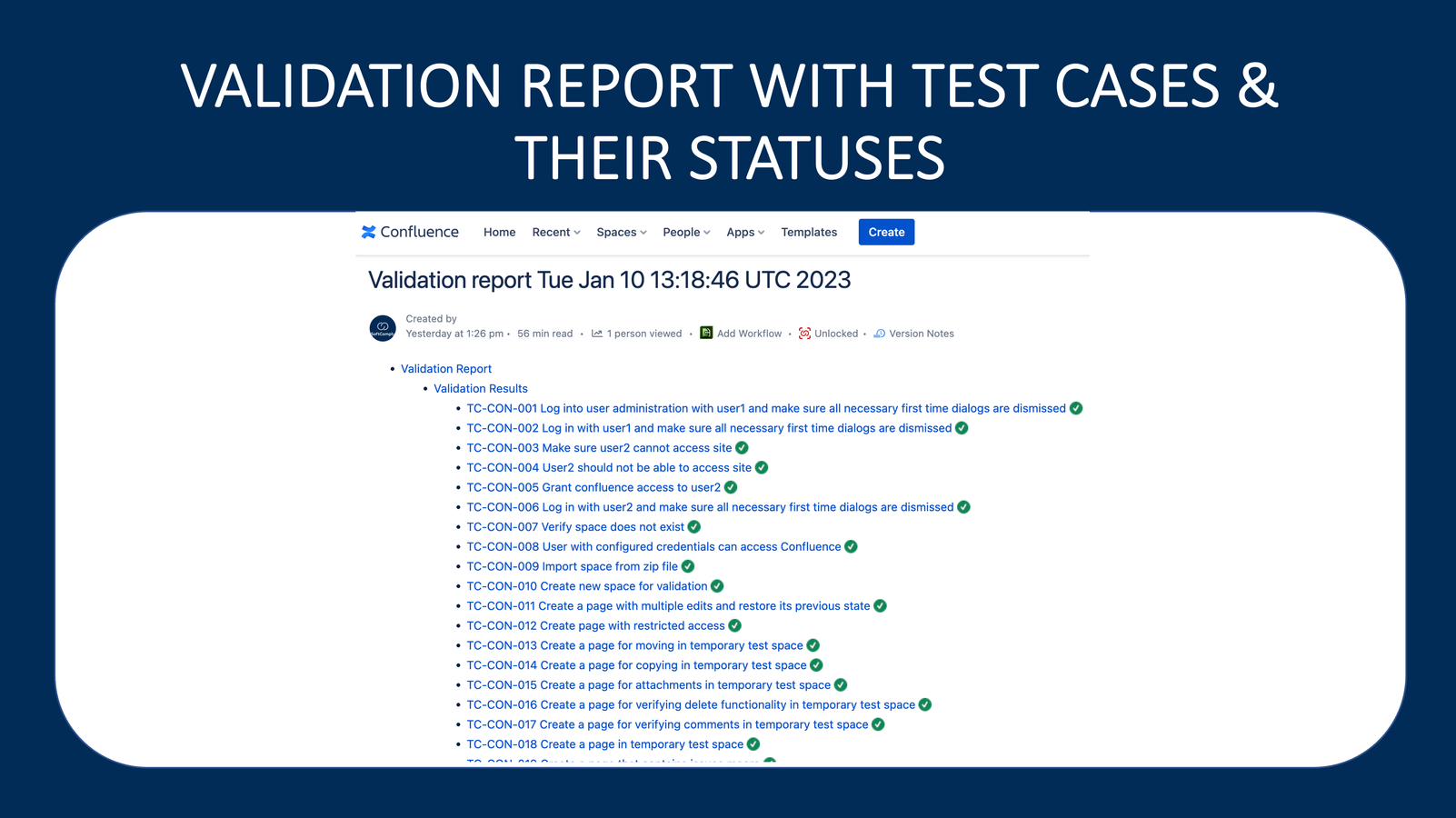 Test Report with the list of Test Cases of the Validation app for Confluence