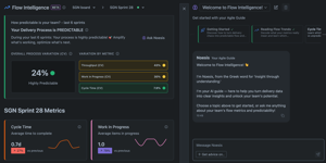 Flow Intelligence: Your AI guide to predictable delivery. See variation metrics, sprint trends, and get actionable guidance from Noesis.