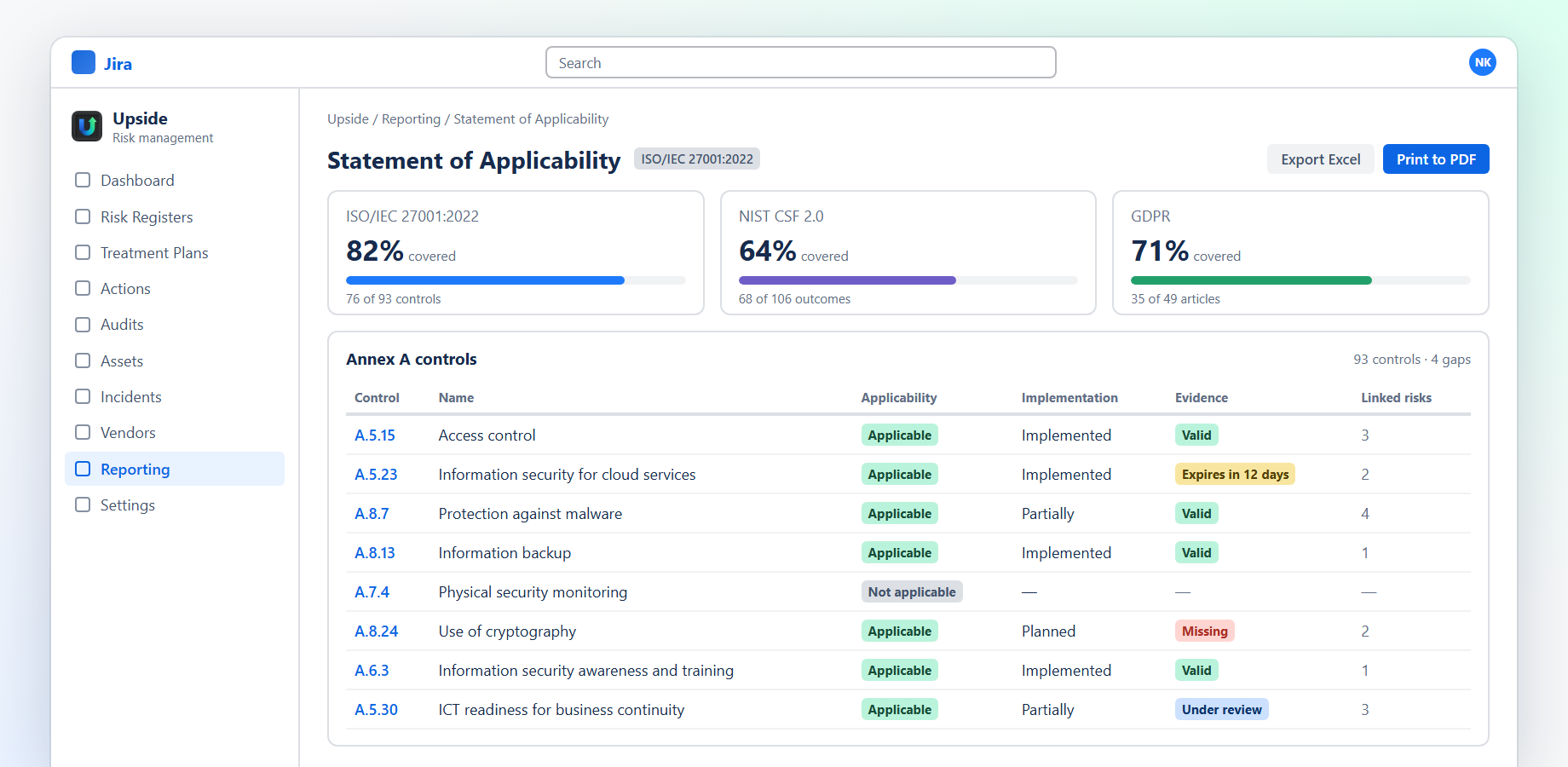 Framework coverage and the ISO 27001 Statement of Applicability, with evidence status for each control.