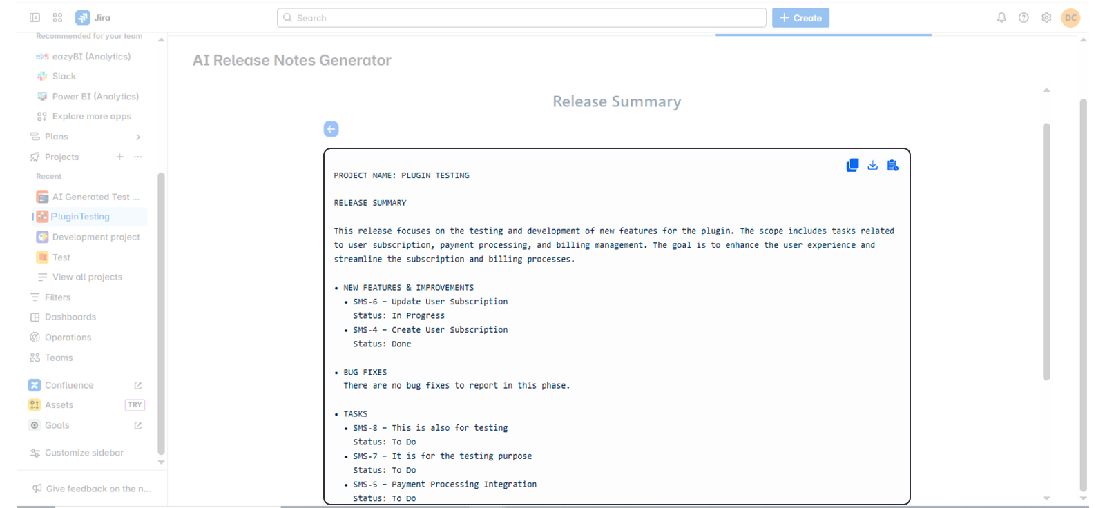Example of a generated release summary grouped by issue type, with clear status tracking for features, bugs, and technical tasks.