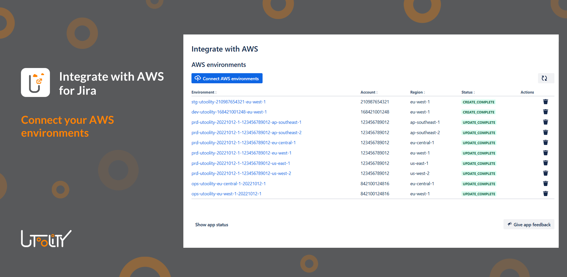 App configuration page with 'AWS environments' table and 'Connect AWS environments' button