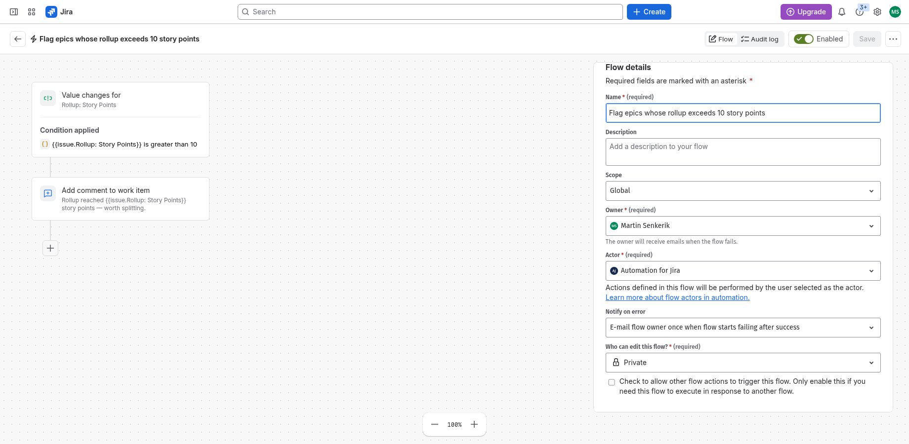 A Jira automation rule that fires when Rollup: Story Points changes, checks whether the value is above ten, and posts a comment on the epic.
