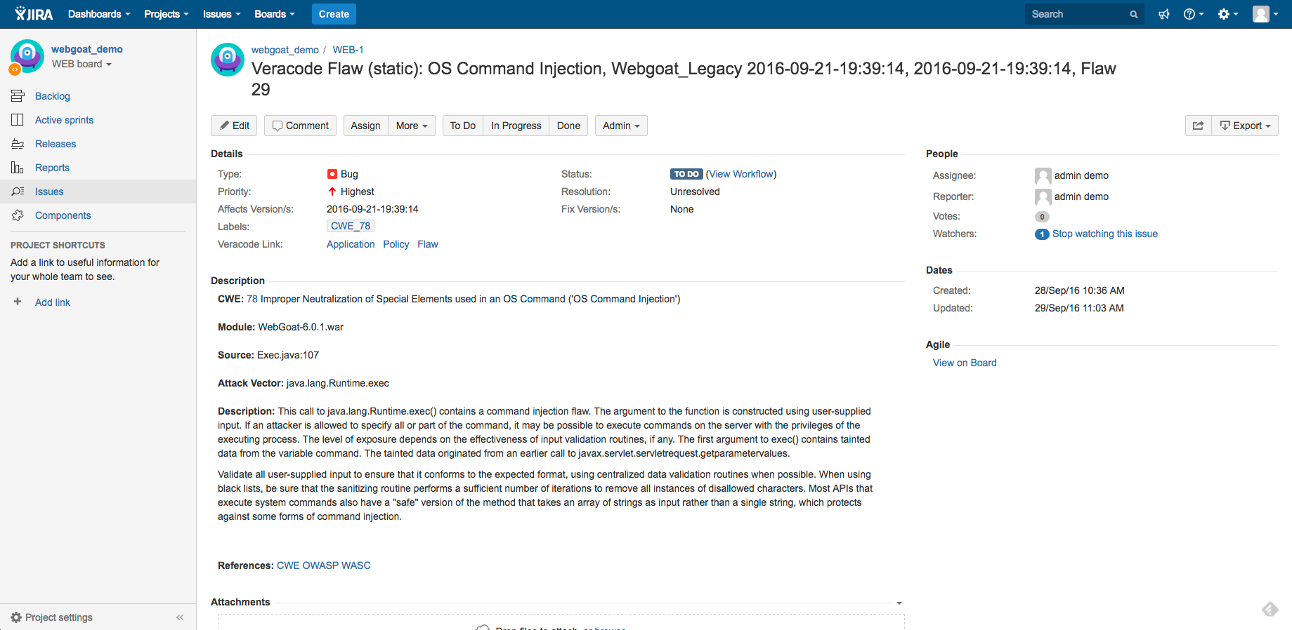This shows a security defect that has been created as a Jira ticket, including custom labels, links to the Veracode platform, information for the developer on how to fix the defect, and more.