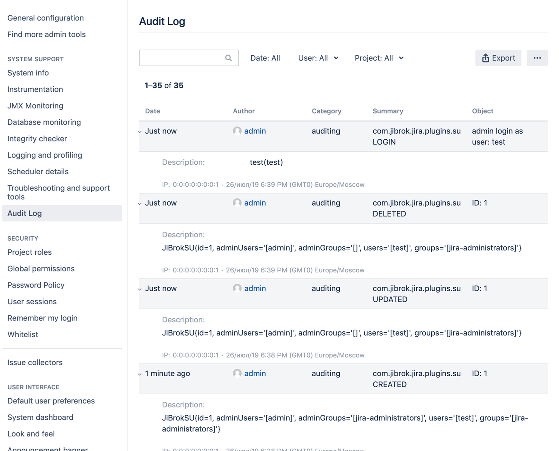 Maintain full oversight with the Audit Log feature. Every action and login using SU permissions is logged, providing a secure and transparent record of who accessed what, when, and how in Jira.