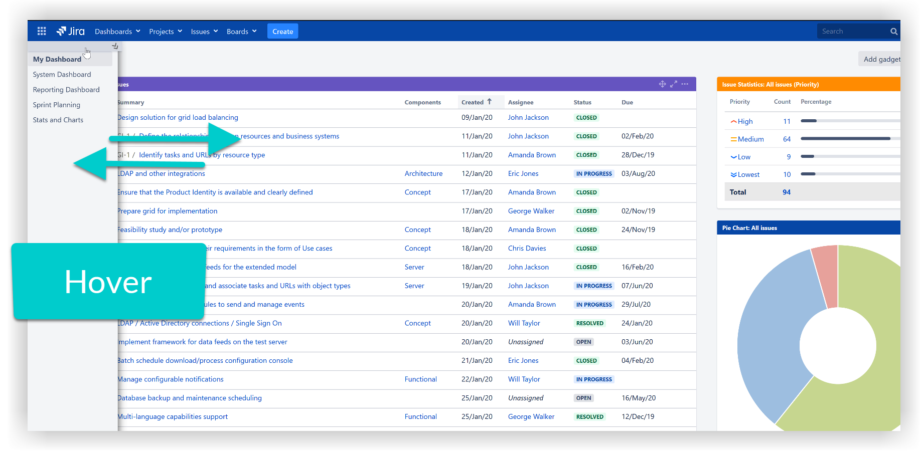 Hover over the left side of your window to have access to your dashboards list again.