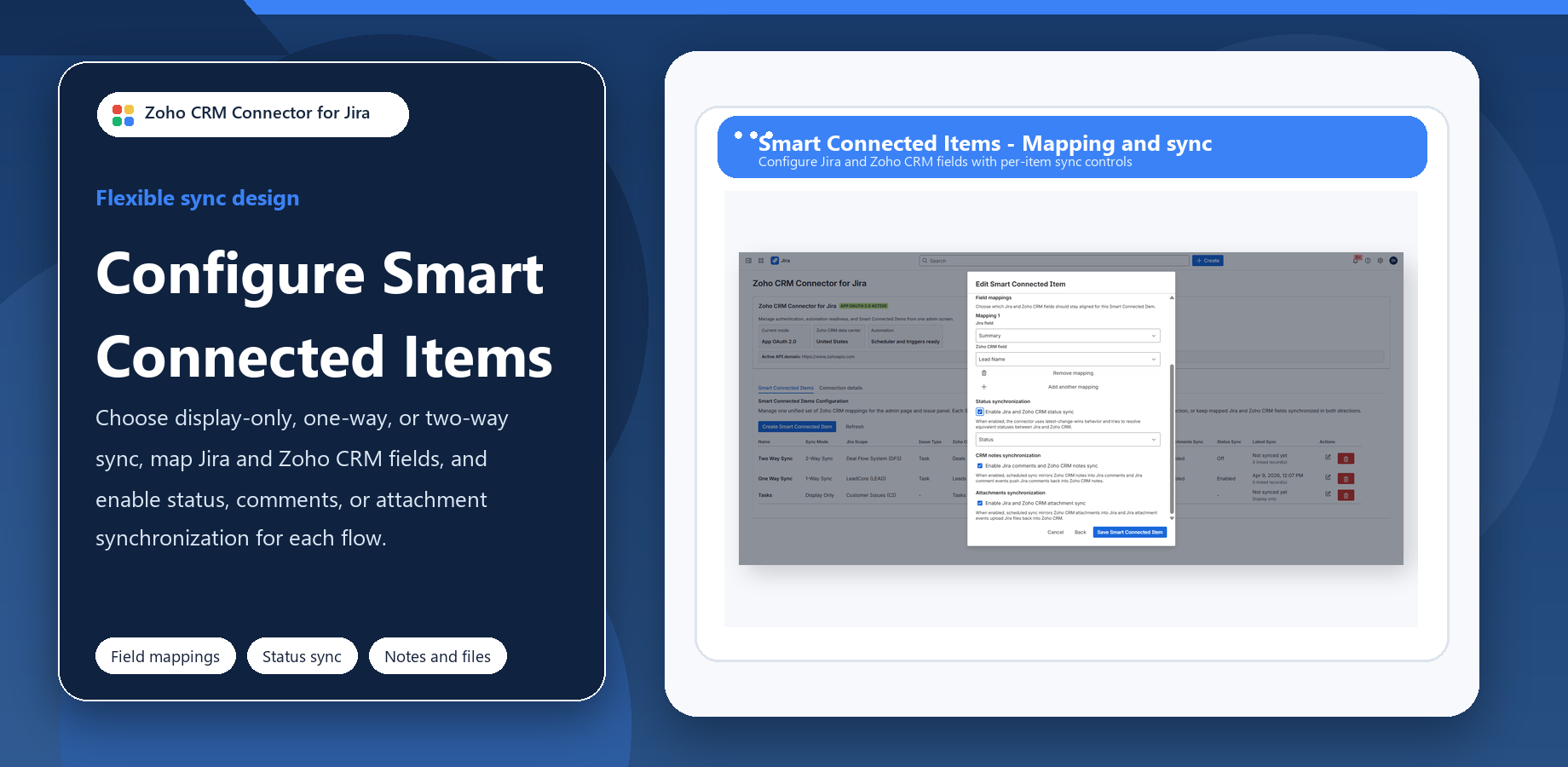 Configuration step showing field mappings and optional status, CRM notes, and attachment synchronization controls.
