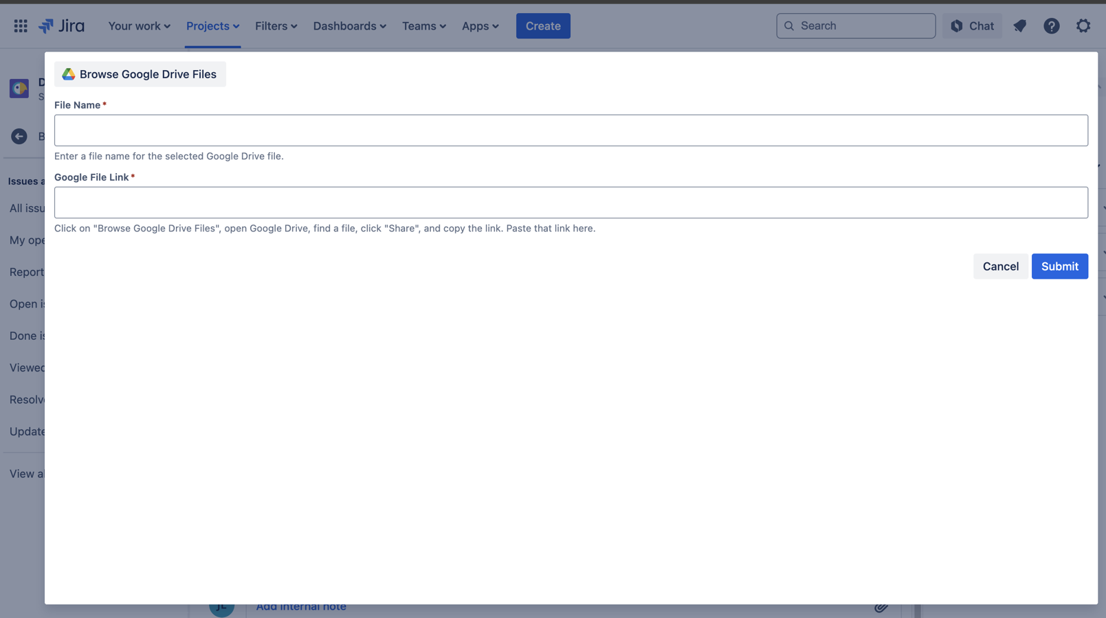 Easily attach Google Drive files to Jira Tickets, providing quick access to important documents.