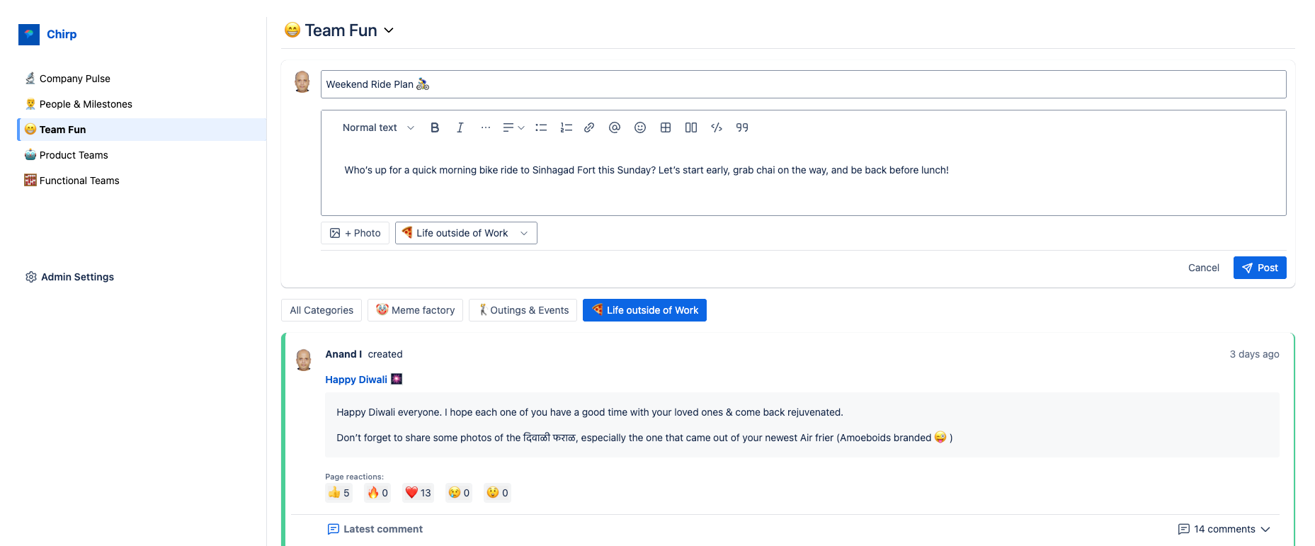 The Chirp composer makes posting simple and fun. Write a few lines, add emojis or photos, and instantly connect with teammates - whether you’re planning a ride, celebrating wins, or sharing news.