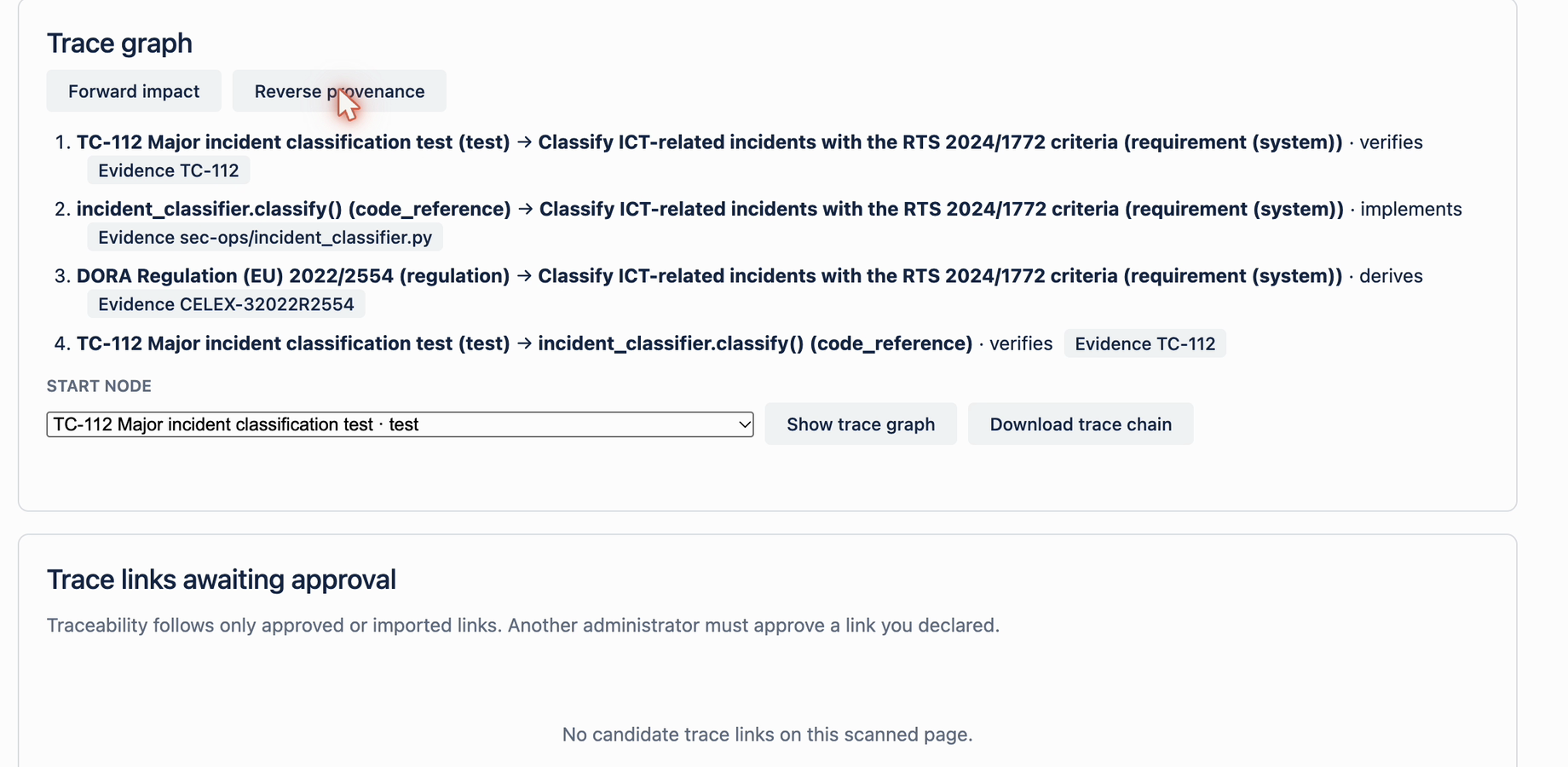Reverse provenance from a test case through code and requirement to DORA, every hop four-eyes approved and exportable as a trace chain.
