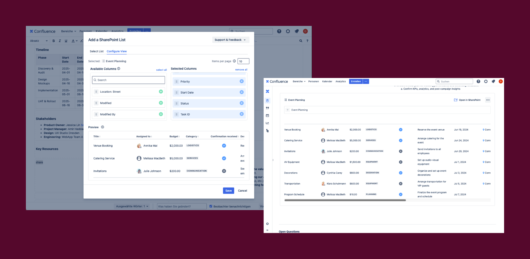 Easily embed SharePoint lists into your Confluence pages and customize the view by arranging columns with drag-and-drop.