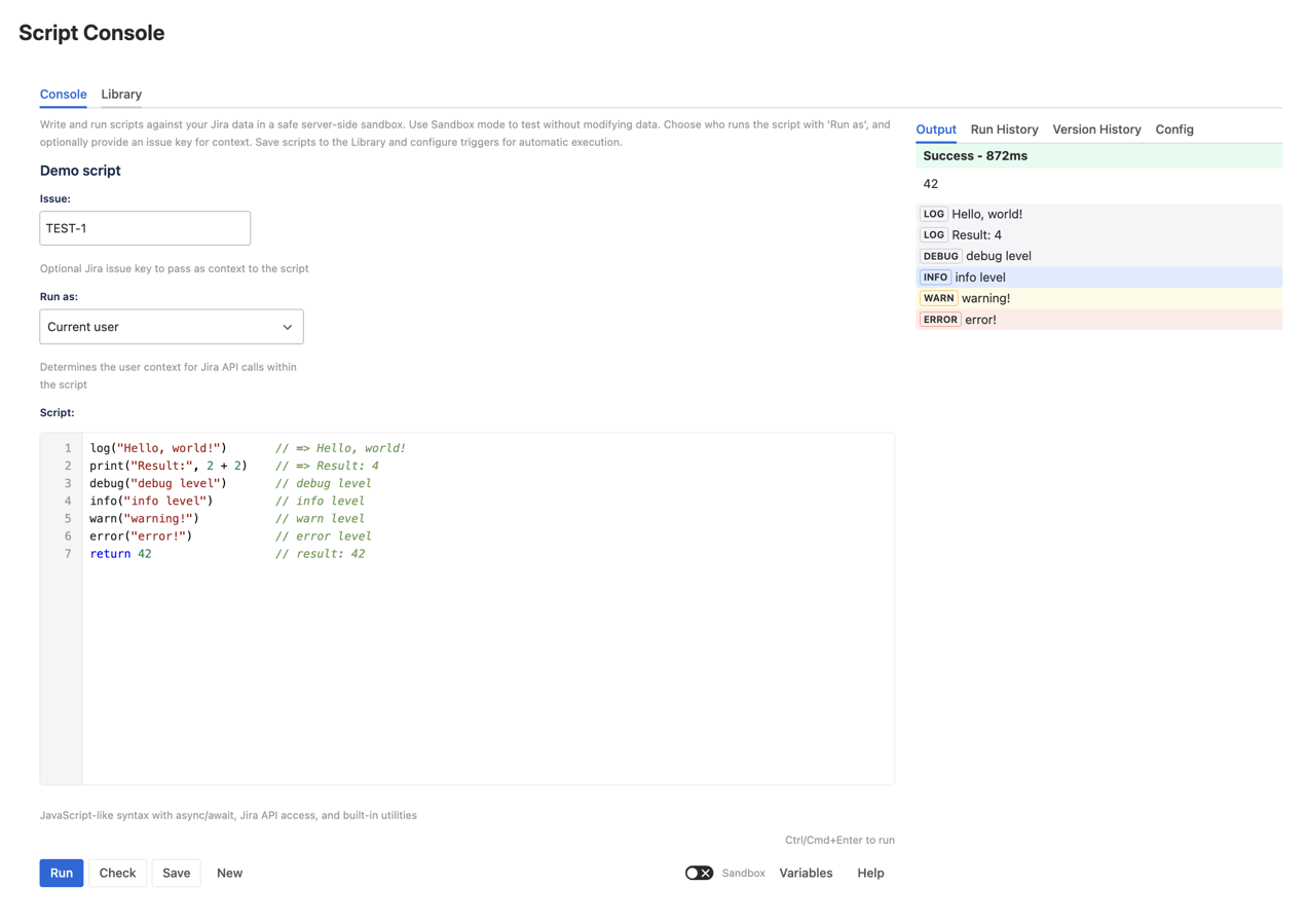 Script Console with live execution results, color-coded log levels (debug, info, warn, error), execution time tracking, and syntax validation