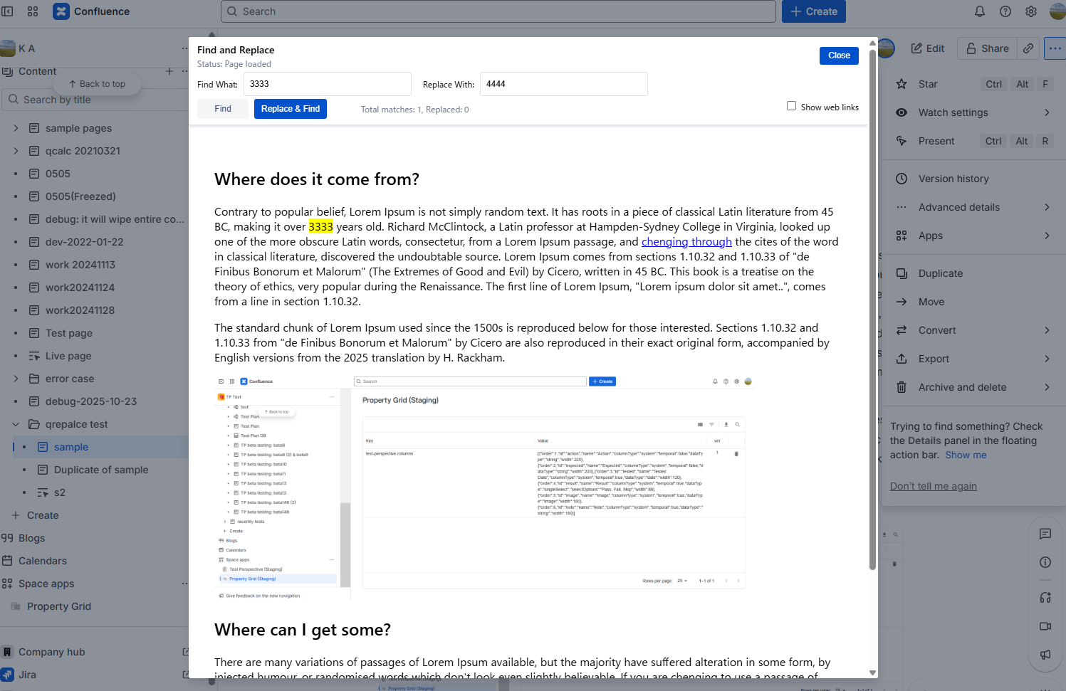 The search dialog lets you preview each match and apply replacements step by step, ensuring safe edits across pages in the same space.
