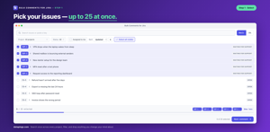 Five service requests picked from one search across every project. The tray at the bottom holds a chip per request, and the counter reads 5 of 25 selected.