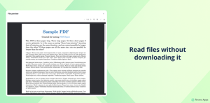 Read PDFs and spreadsheets without downloading — a PDF from the Signed Contract File field open in the preview dialog, scrolling page by page with zoom controls, a page counter, and arrows to the field's other files.