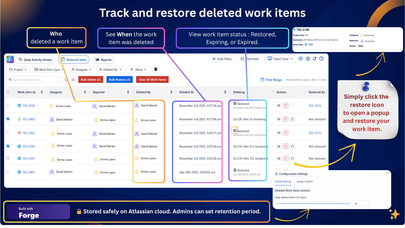 Shows how admins can view and restore deleted Jira issues with full details of who deleted them and when, ensuring nothing important is ever lost.