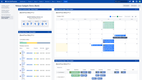 Monthly release calendar view with multiple releases/artifacts from multiple projects. Color coding by status. Ability to navigate forward and backwards.