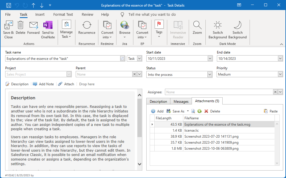 Create and update teamwork items right from Outlook. Manage files, statuses, descriptions etc.