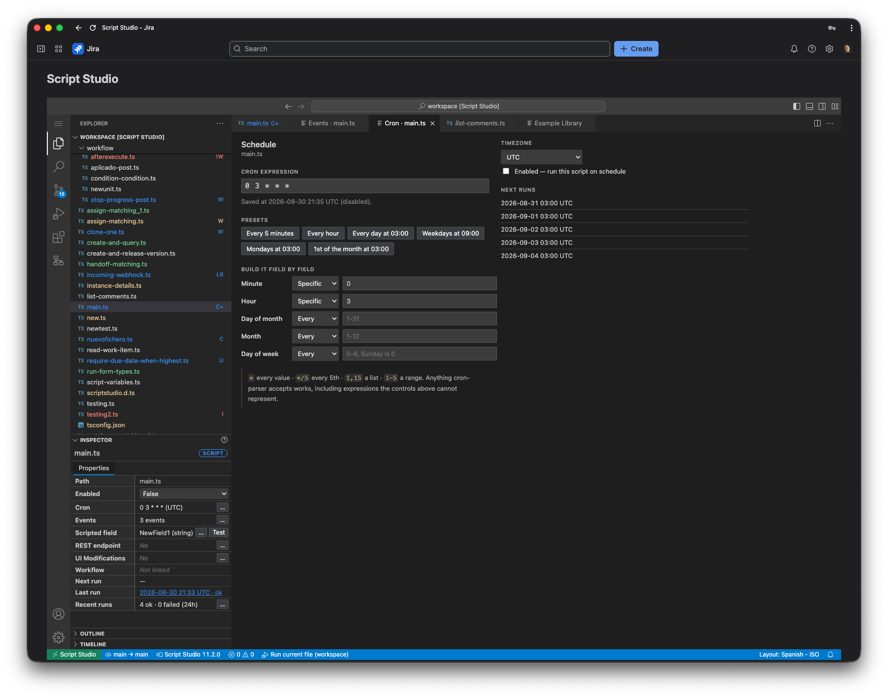 A TypeScript file in Script Studio bound to a schedule, with the cron expression and recent run history visible in the workbench.