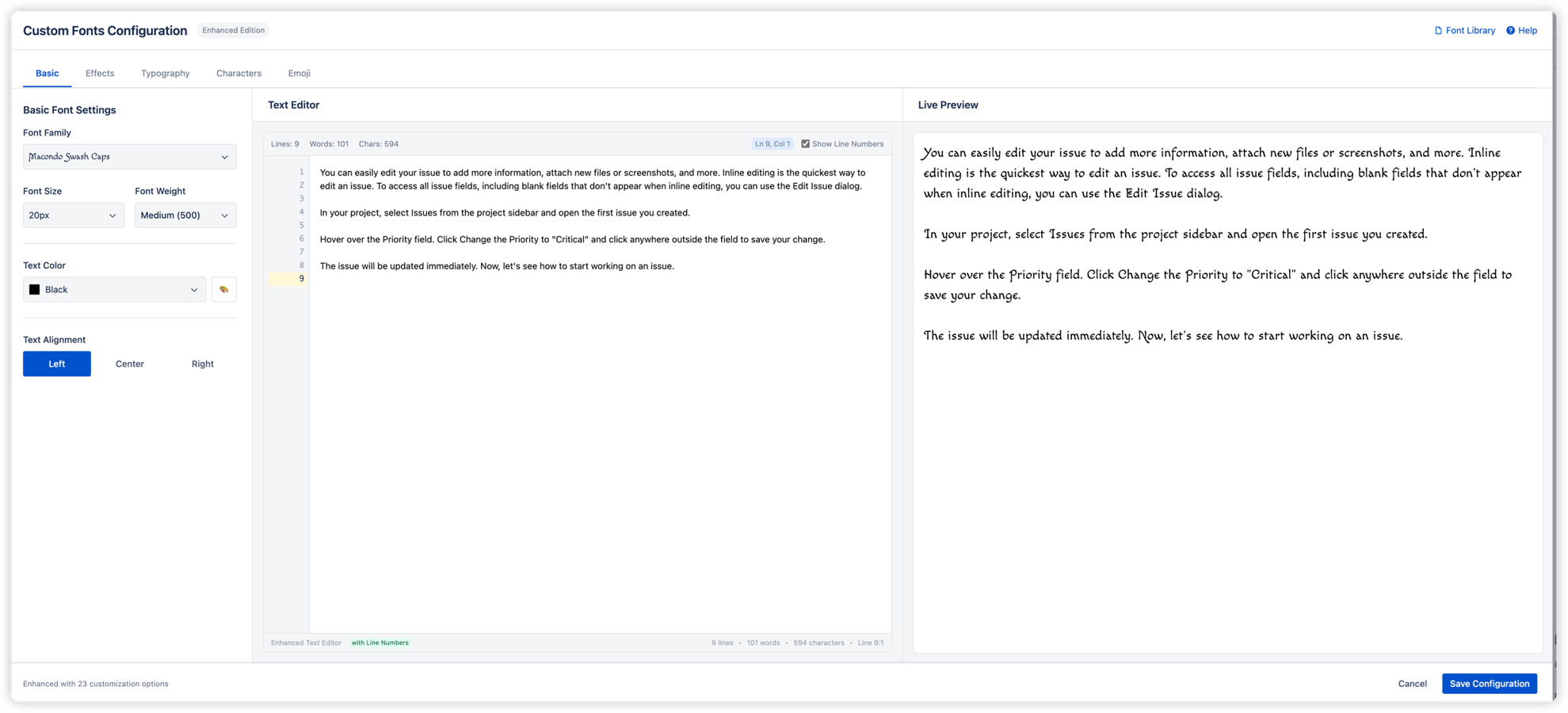 Configuration interface with font selection, effects controls, and live preview panel. Customize fonts, colors, and styling with real-time updates.