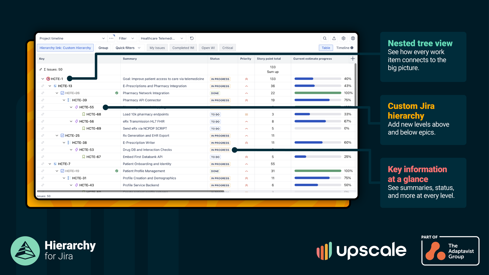 Create flexible hierarchies that match your workflow. View nested tree structures with custom levels beyond Jira's default epic-story-subtask structure. Link tasks and see their connections visually.