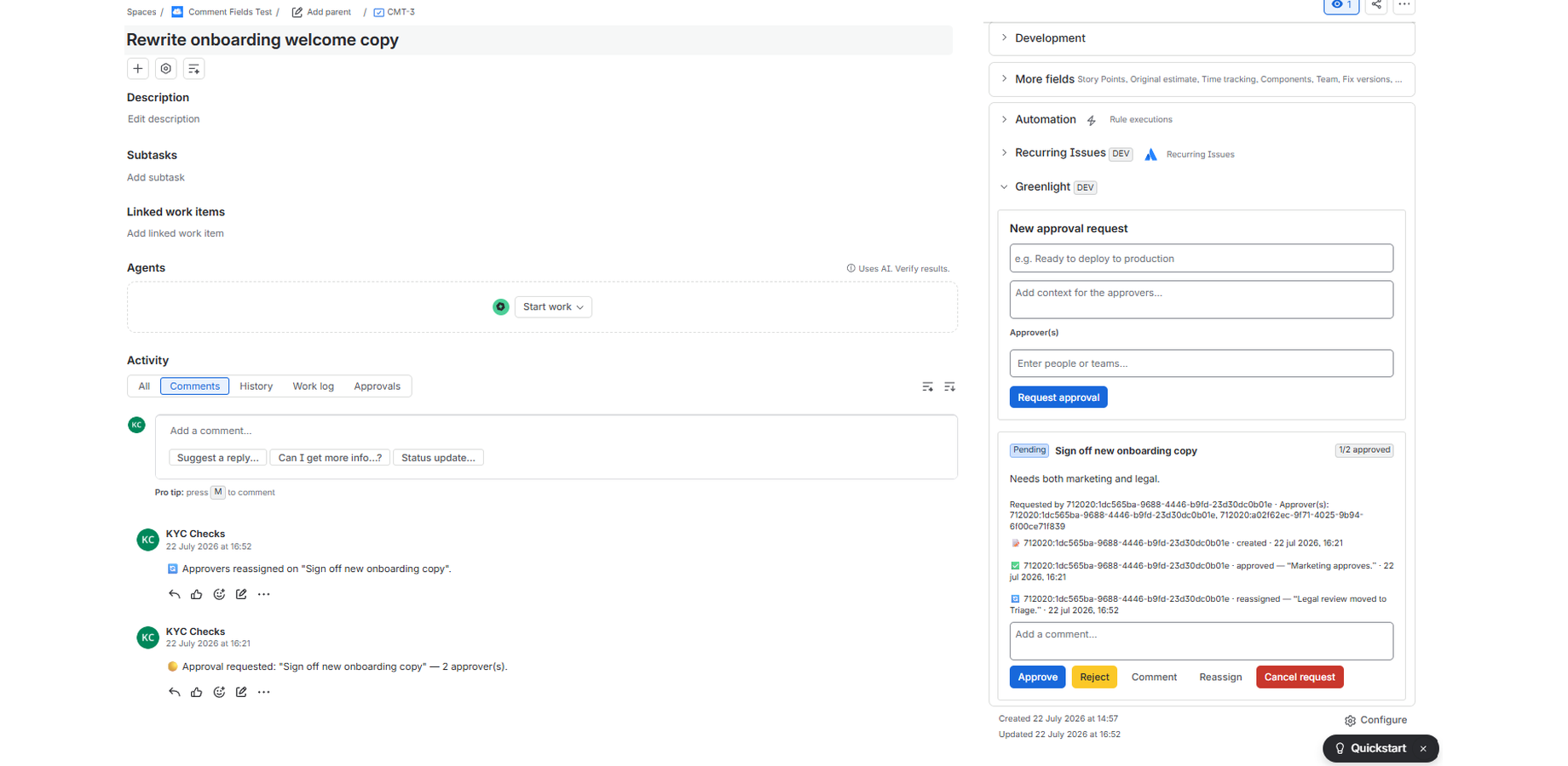 A pending approval showing 1 of 2 approvers, with the full action history below.