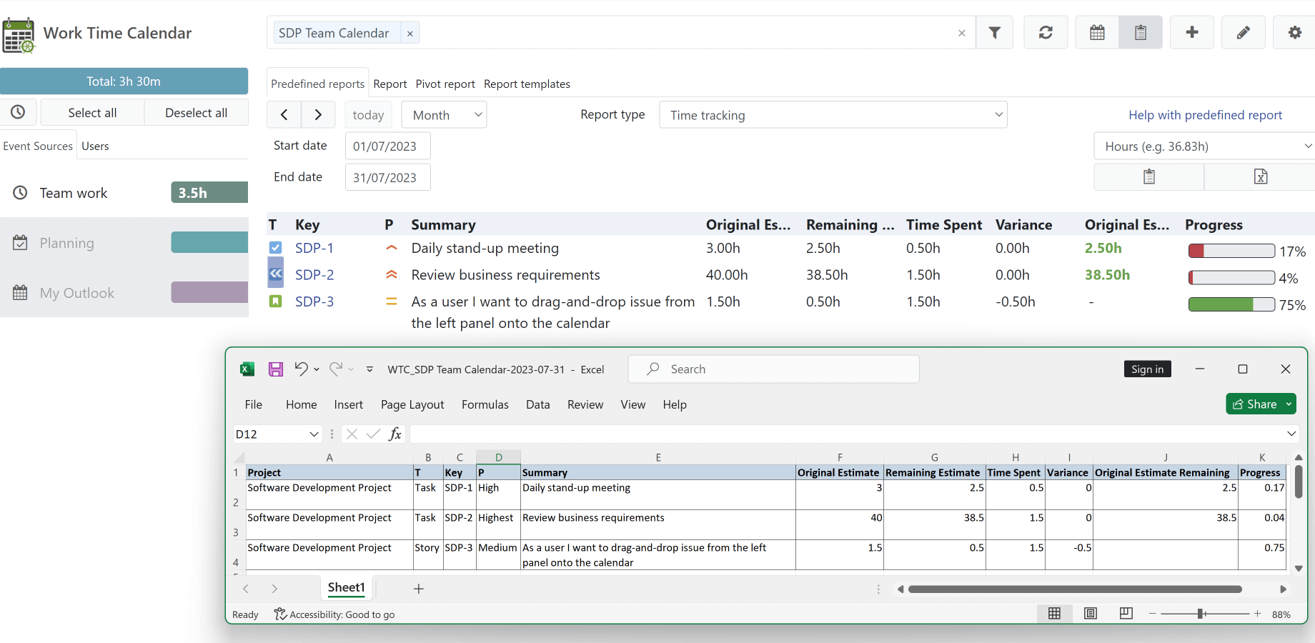 Configure fields for your reports. Timesheet records can be grouped by any field. To process work records export them to Excel.