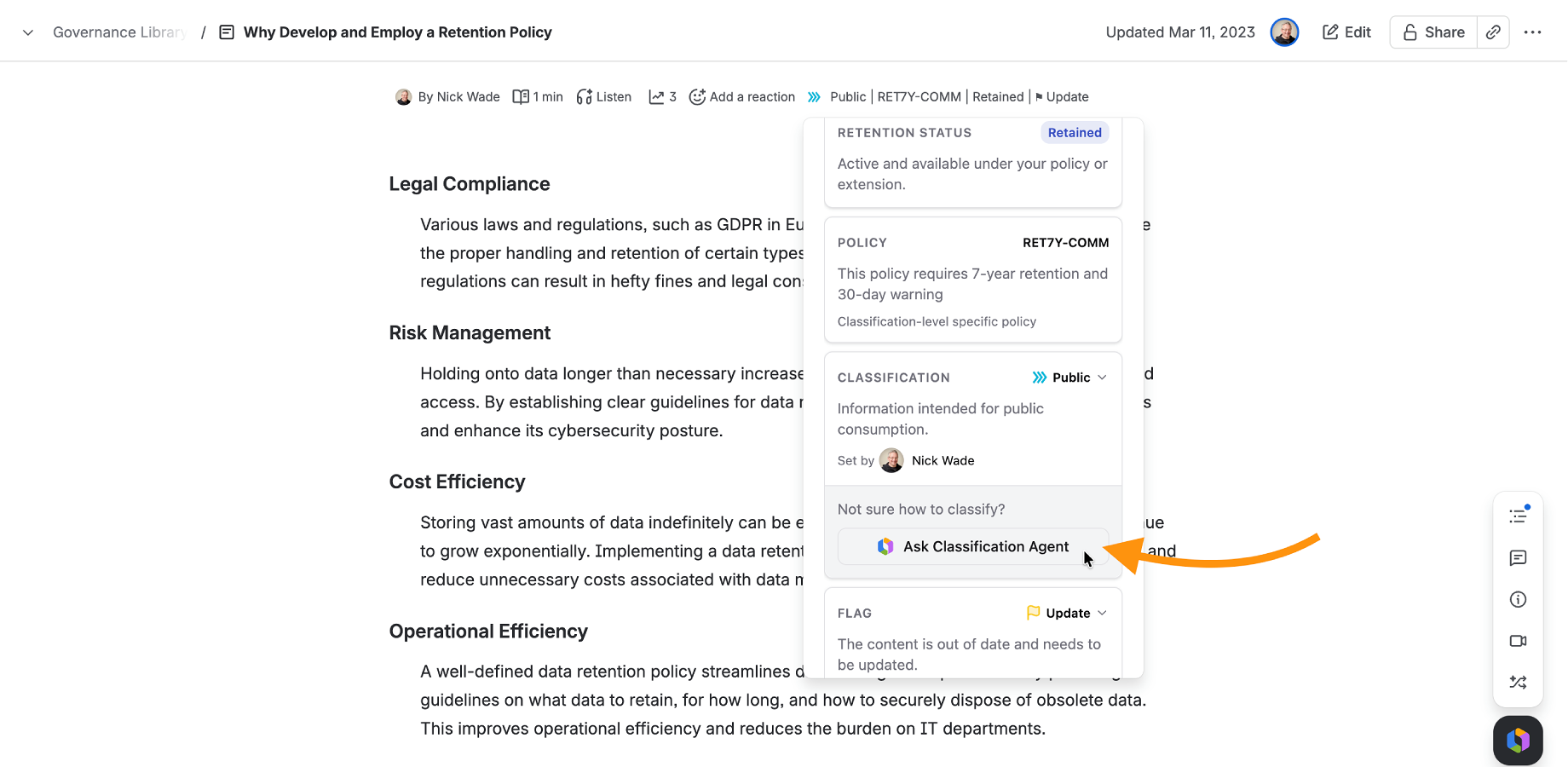 Confluence page byline shows status, policy, classification, and any flags for early review update or deletion.