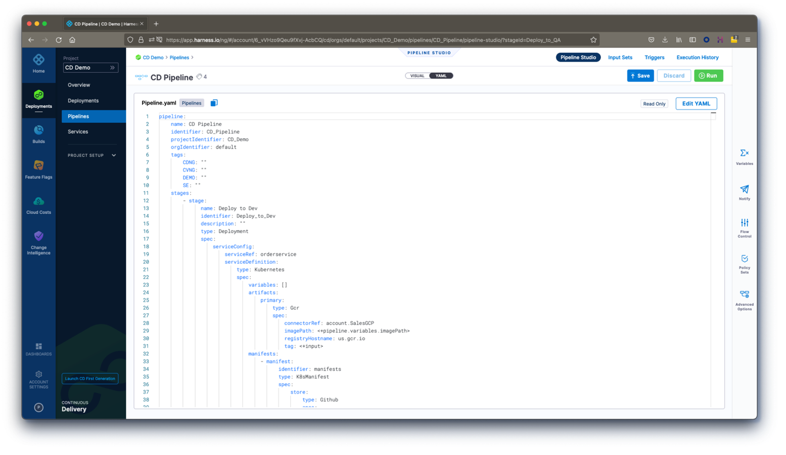 Pipeline Studio YAML view
