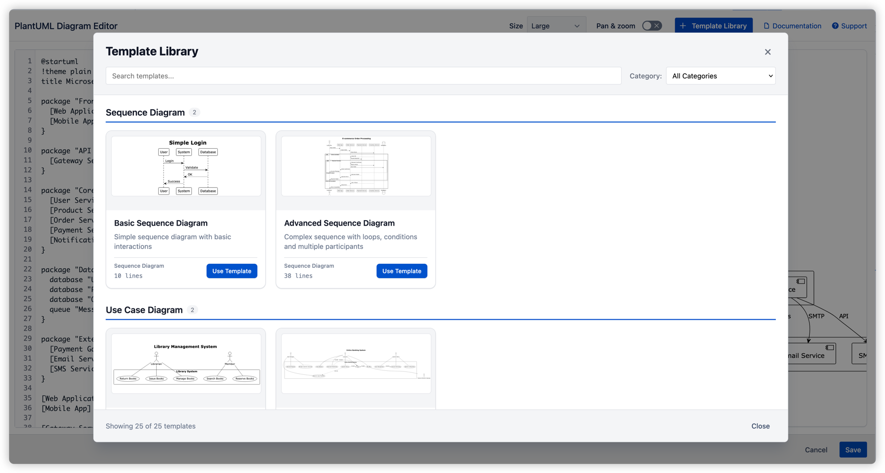 Template library showing 25+ pre-built PlantUML diagrams organized by category. Each template includes a preview thumbnail, description, line count, and Use Template button for instant code insertion into the editor