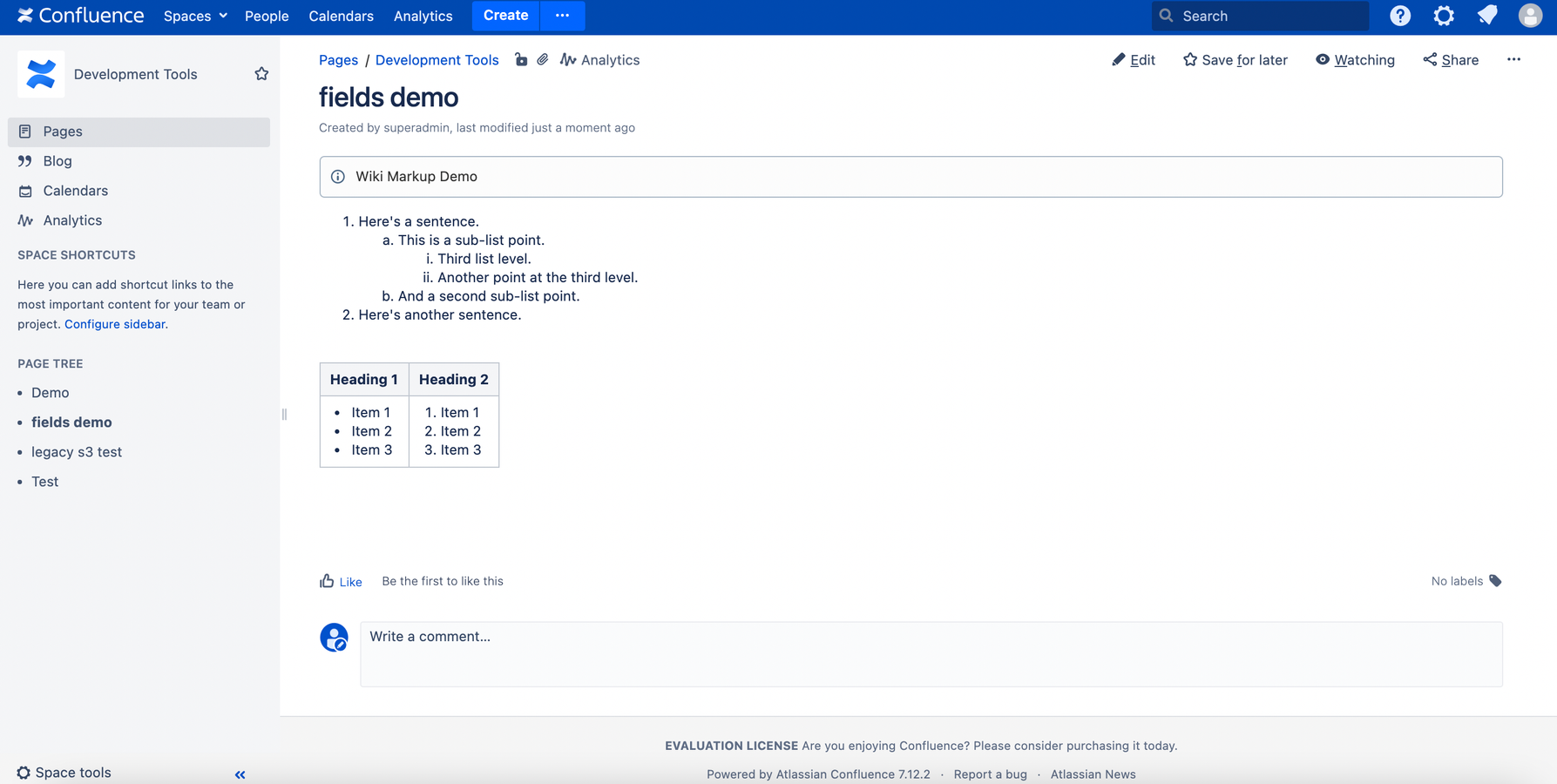 Confluence Wiki Markup for Space Fields