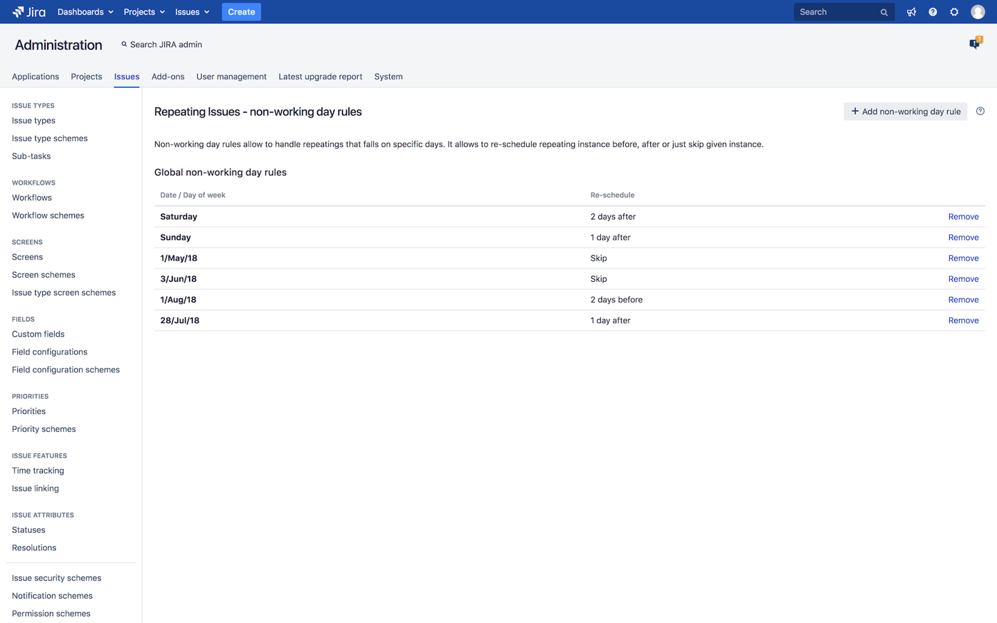 Non-working days support in recurring actions