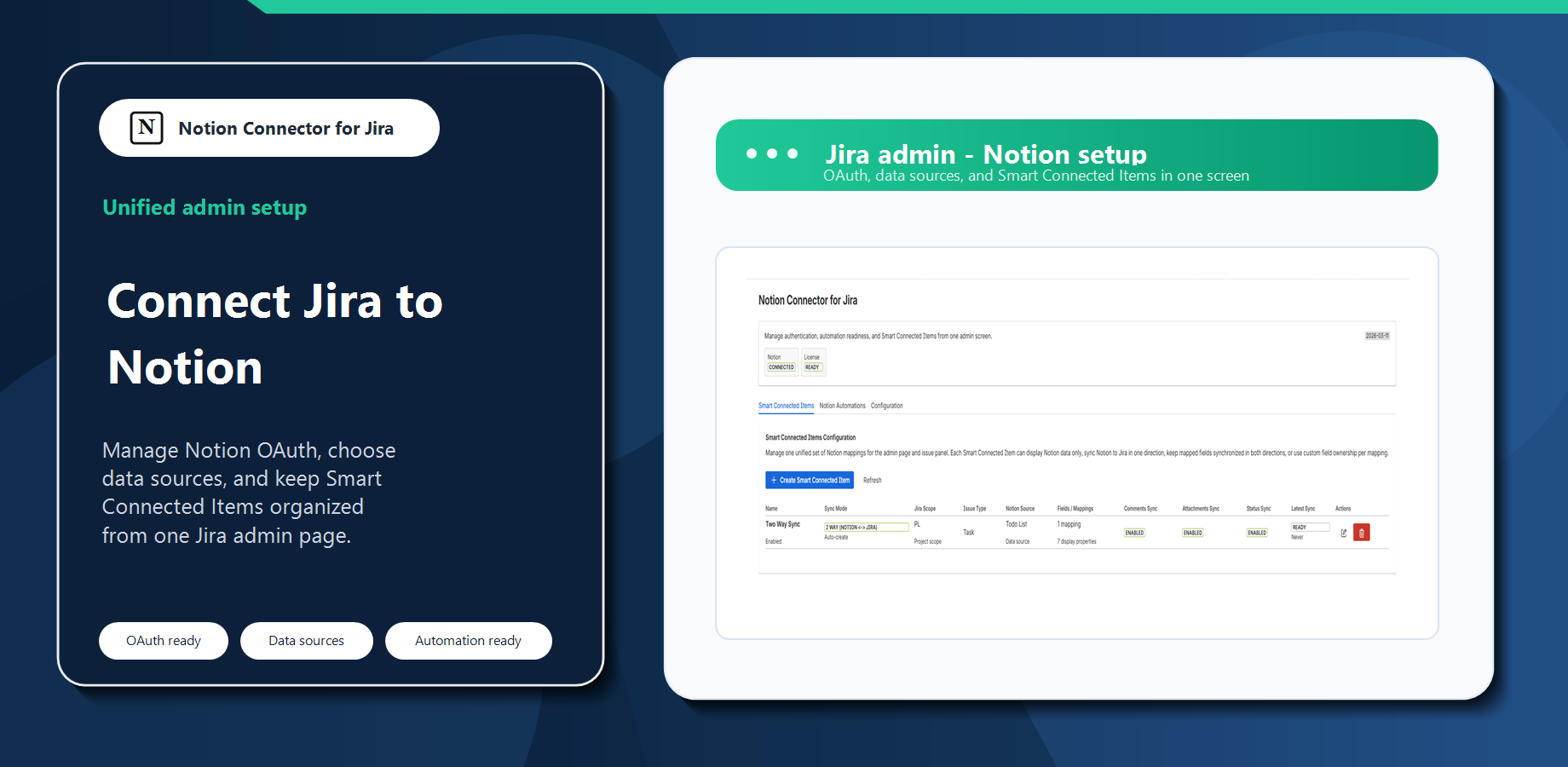 Unified admin page for Notion OAuth, Smart Connected Items, automations, and sync settings.