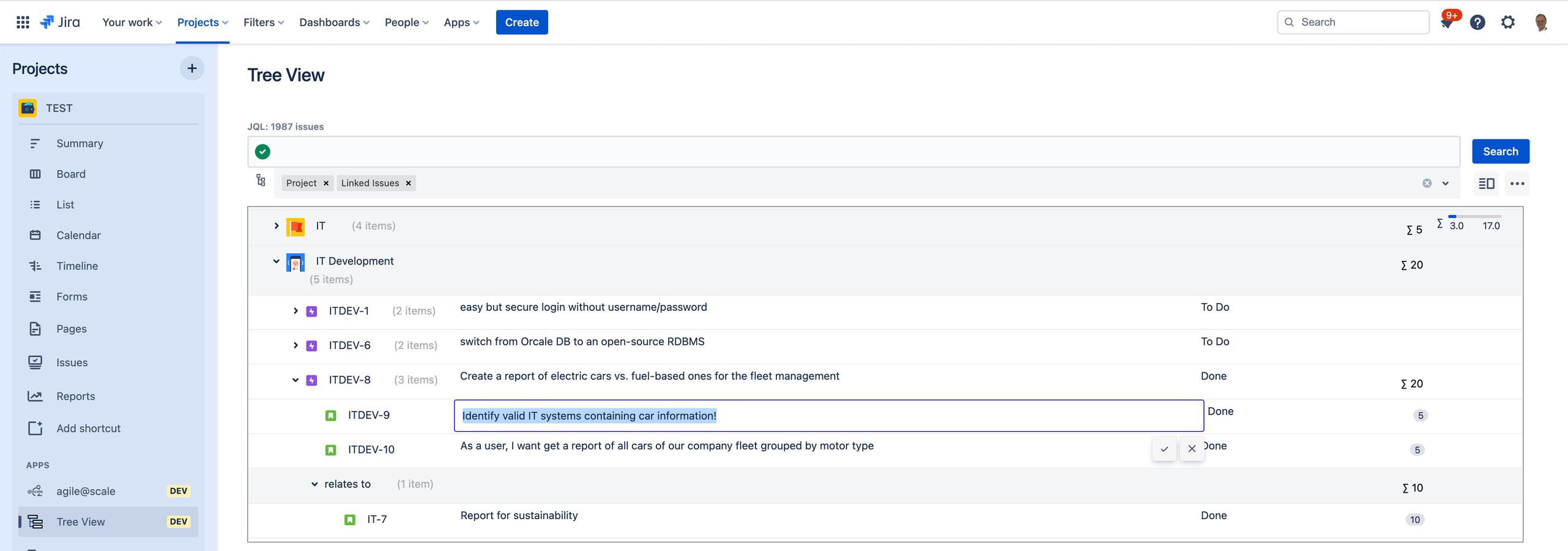 ​Group by multiple fields, building a hierarchy on the fly. Inline editing of fields, like summary, assignee, and status, offers fast maintenance. Also, search through all loaded issues' fields and mark matching issues.