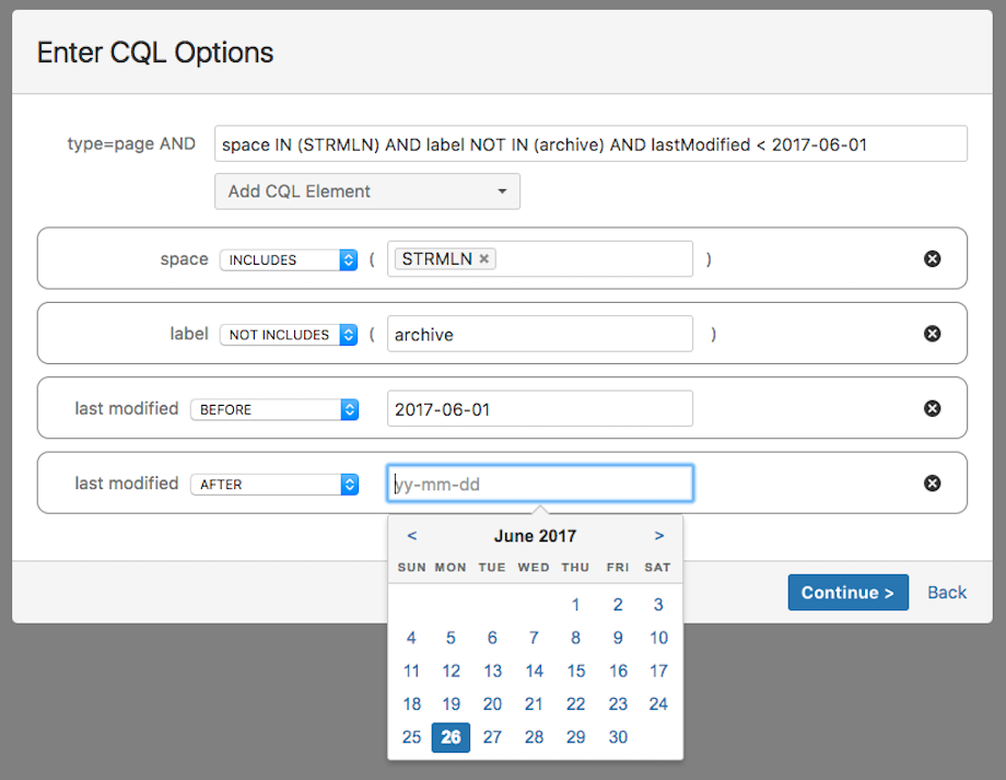 CQL is a really advanced way to filter pages, but it's not so easy to use. However, thanks to the built in CQL query builder​, it's easy to filter the pages according to your desired criteria.