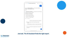 Historian’s AI Assistant chat panel in Jira with suggested questions like how to export issue history, use Compare Dates, and run a historic query, plus a typed question about priority changes.