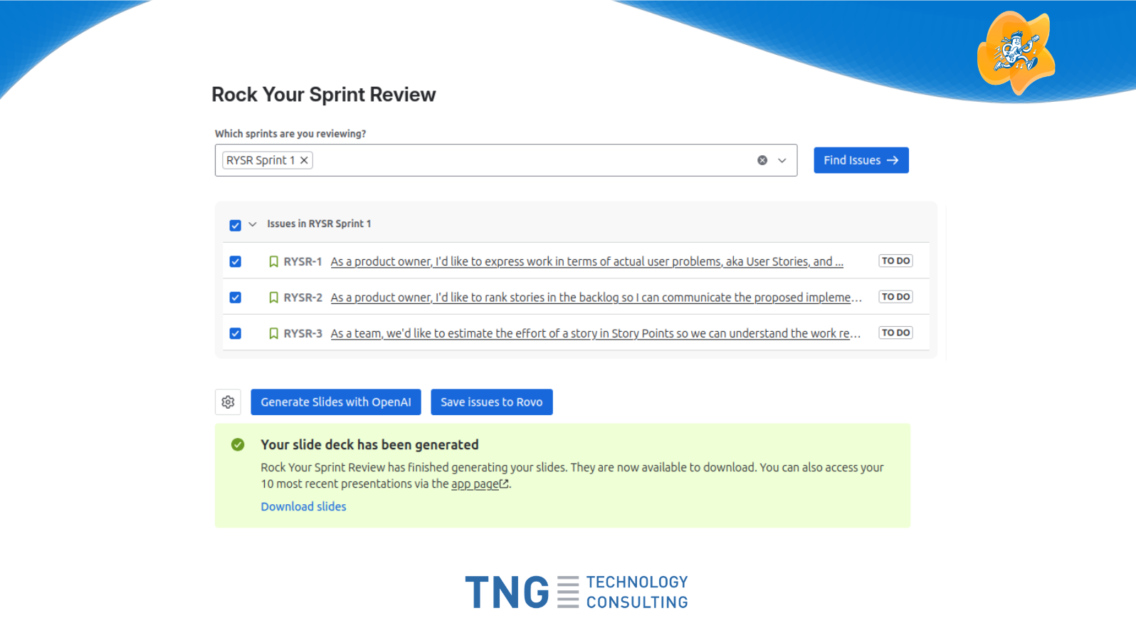 Select which issues from which sprints to include in your slides and ignore the rest.