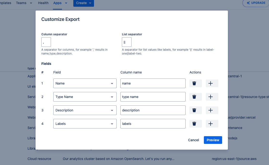Select the fields to export