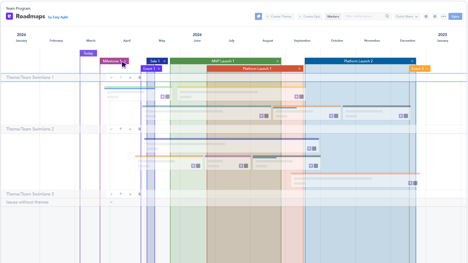 Visualise fix versions, marketing events and milestones on the roadmap to align business and engineering teams around where the product is heading ​